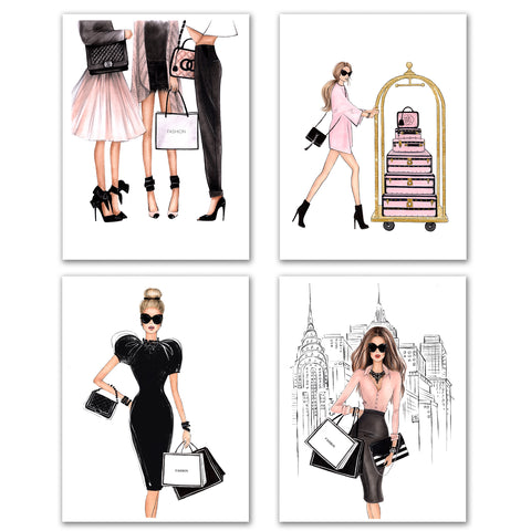 SET OF 4 ART PRINTS girly fashion illustrations in black and pink tones