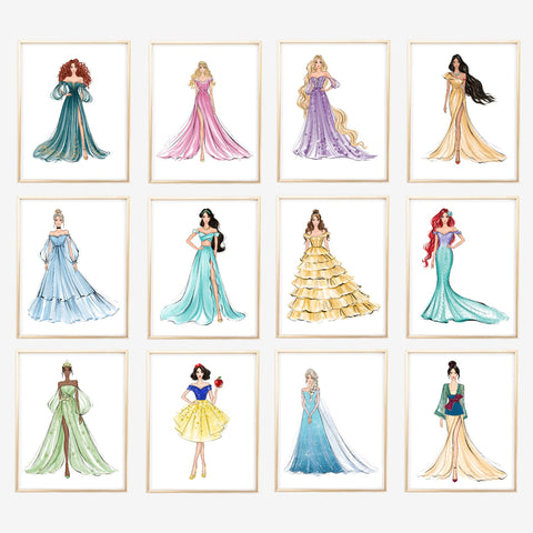 SET OF 12 ART PRINTS All Princesses fashion illustrations
