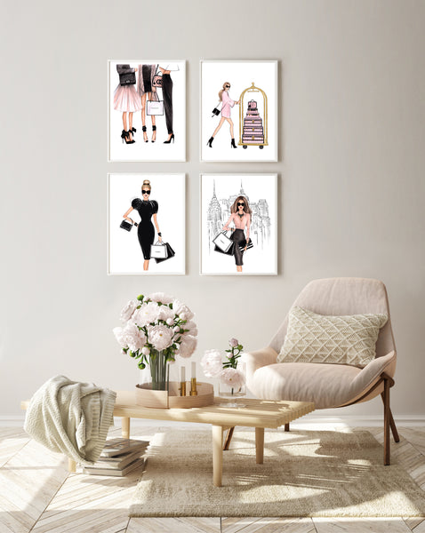 SET OF 4 ART PRINTS girly fashion illustrations in black and pink tones