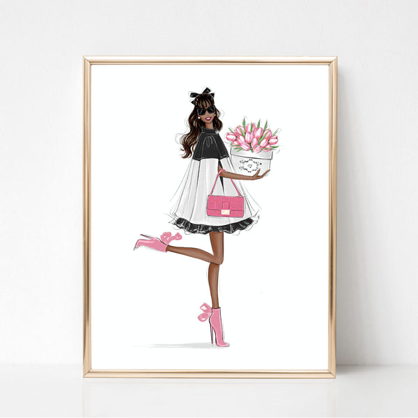Classy girl with tulips art print fashion illustration