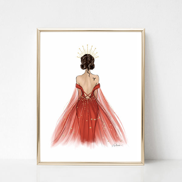 Aries Sign Girl in red dress Zodiac inspired fashion illustration art print