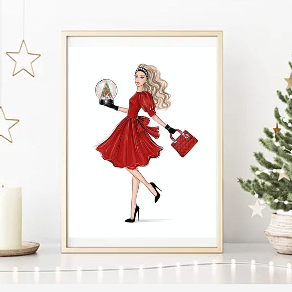 Girl in red dress with snow globe art print fashion illustration