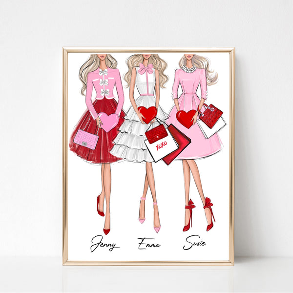 Galentines personalized art print of 3 girls