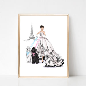 Audrey Hepburn in Paris inspired art print fashion illustration