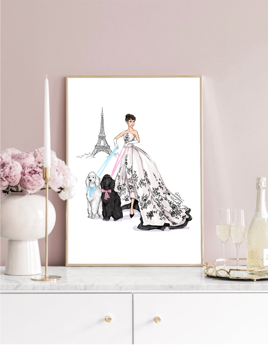 Audrey Hepburn in Paris inspired art print fashion illustration