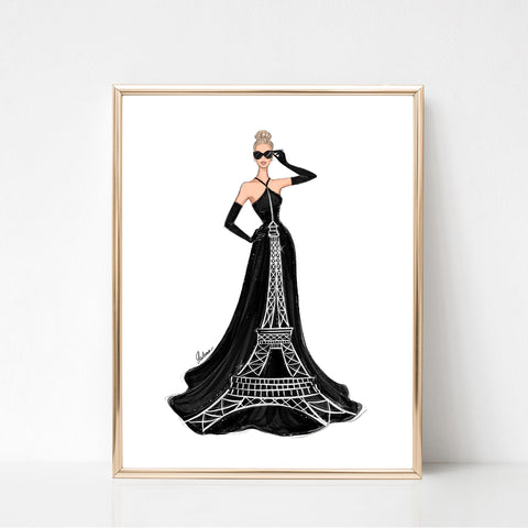 Black Eiffel Tower dress art print fashion illustration