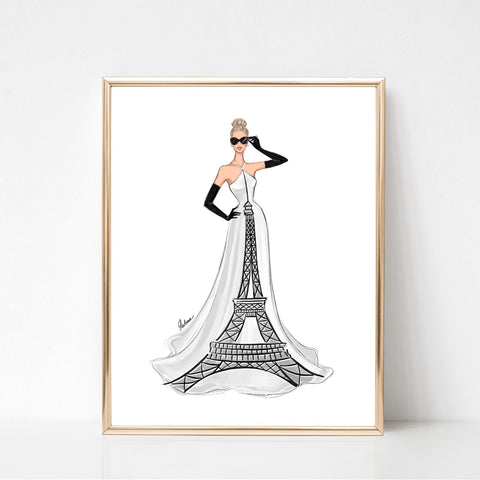 White Eiffel Tower dress art print fashion illustration