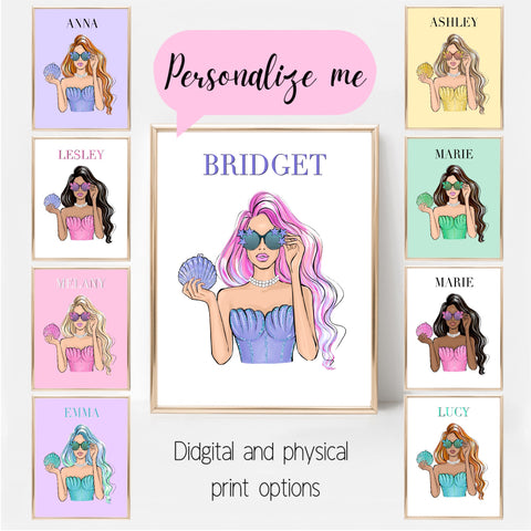 Custom mermaid girl fashion portrait for her, Personalized girly art print, Customizable fashion poster, Preppy room decor, Gift for fashion lover