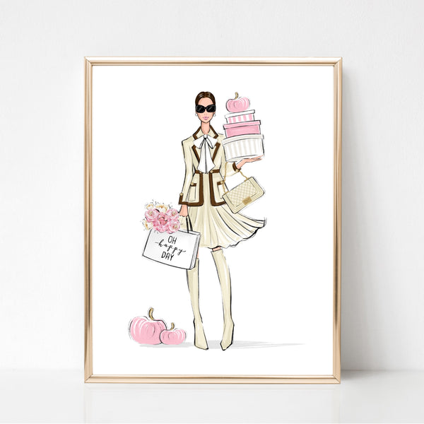 Fashion girl in classy outfit with pumpkins art print fashion illustration