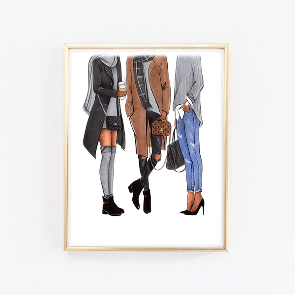 Fall fashion illustration art print in cozy beige tones of 3 ladies in casual outfit