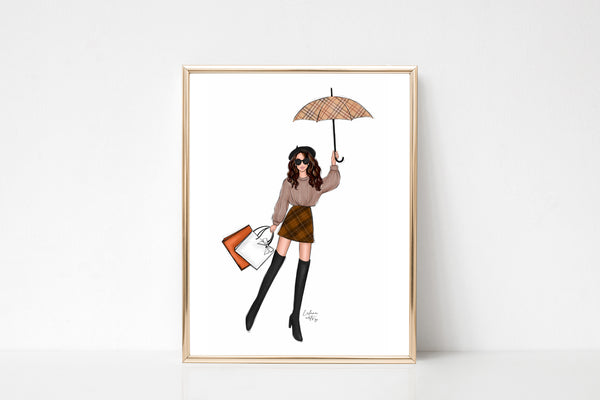 Fall outfit girl with umbrella art print fashion illustration