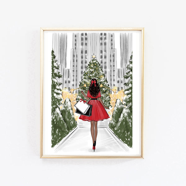 Christmas art print fashion illustration of a girl in front of Rockefeller center Christmas tree