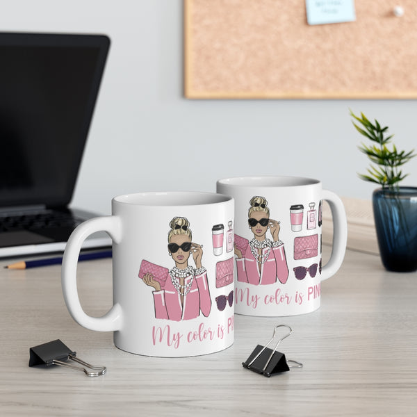 My color is Pink ceramic Mug 11oz. Fashion illustration coffee mug.