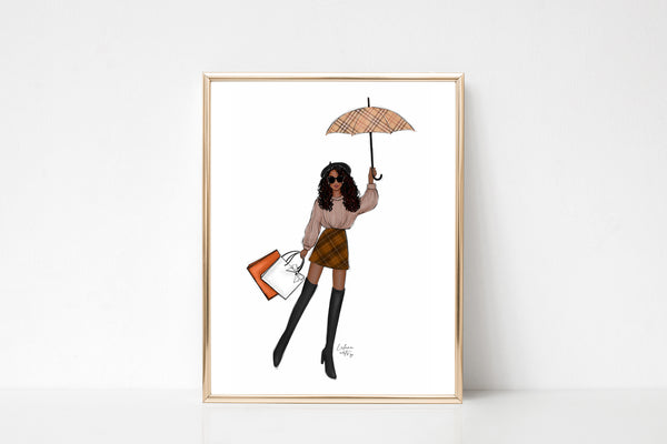 Fall outfit girl with umbrella art print fashion illustration