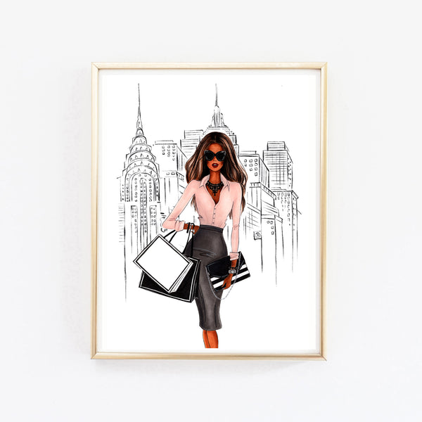 Shopping in New York City girly fashion illustration art print