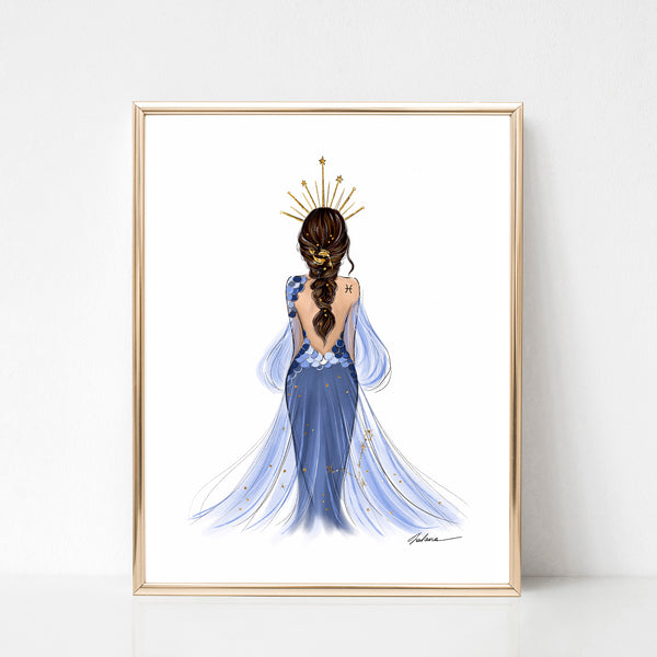 Pisces Sign Girl in blue mermaid dress Zodiac inspired fashion illustration art print