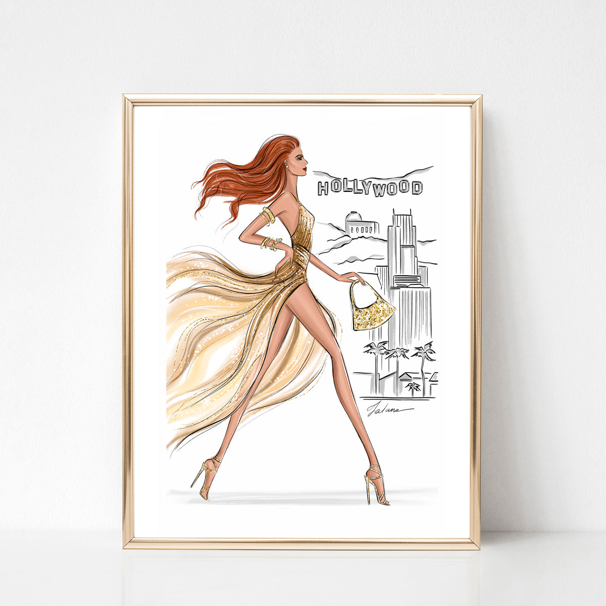 Hollywood Girl in gold glitter dress summer art print fashion illustra Lalana Arts Hollywood Girl in gold glitter dress summer art print fashion illustra Lalana Arts