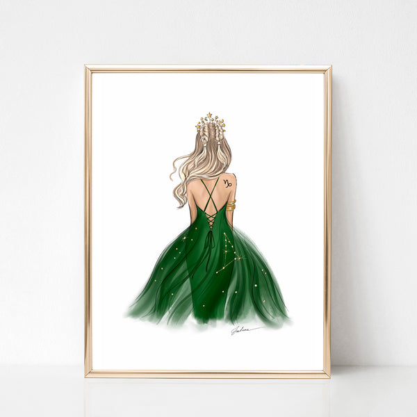 Capricorn Sign Girl in green or ruby dress Zodiac inspired fashion illustration art print