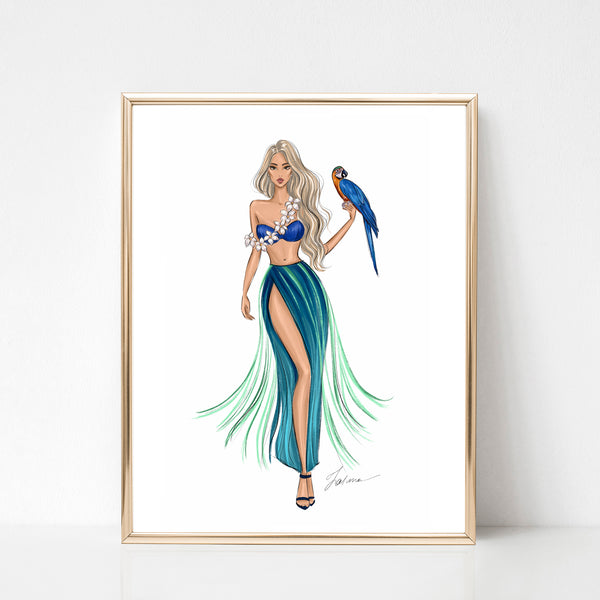 Island Girl in tropical dress summer art print fashion illustration