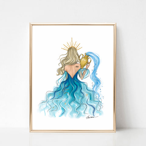 Aquarius Sign Girl in blue dress Zodiac inspired fashion illustration art print