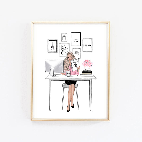 Boss girl in office art print fashion illustration girly wall art