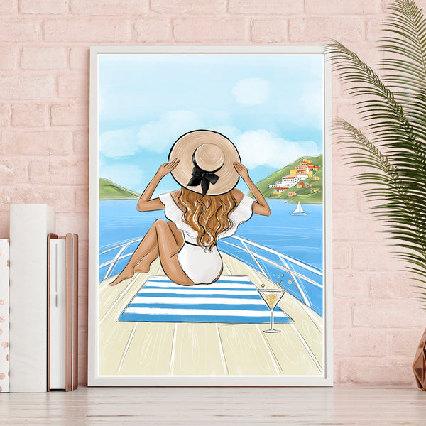 Girl on yacht summer art print fashion illustration