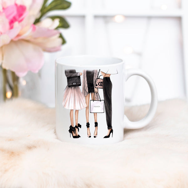 Fashionista girls ceramic Mug 11oz. Fashion illustration coffee mug.