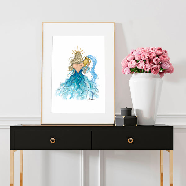 Aquarius Sign Girl in blue dress Zodiac inspired fashion illustration art print