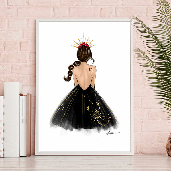 Scorpio Sign Girl in black dress Zodiac inspired fashion illustration art print