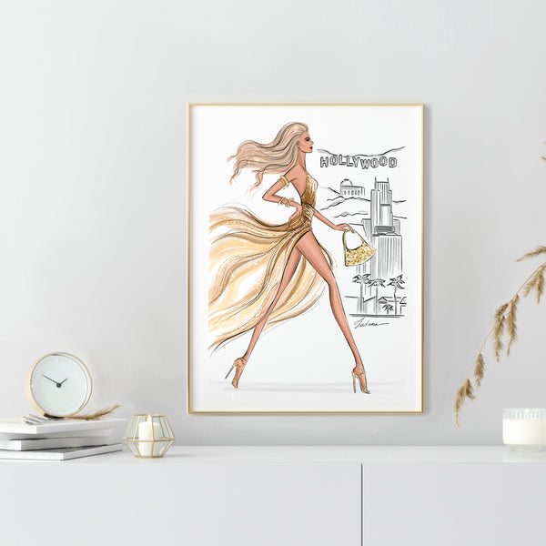 Hollywood Girl in gold glitter dress summer art print fashion illustration