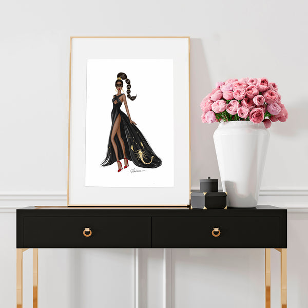 Scorpio Sign Girl in black gown and mascarade mask Zodiac inspired fashion illustration art print