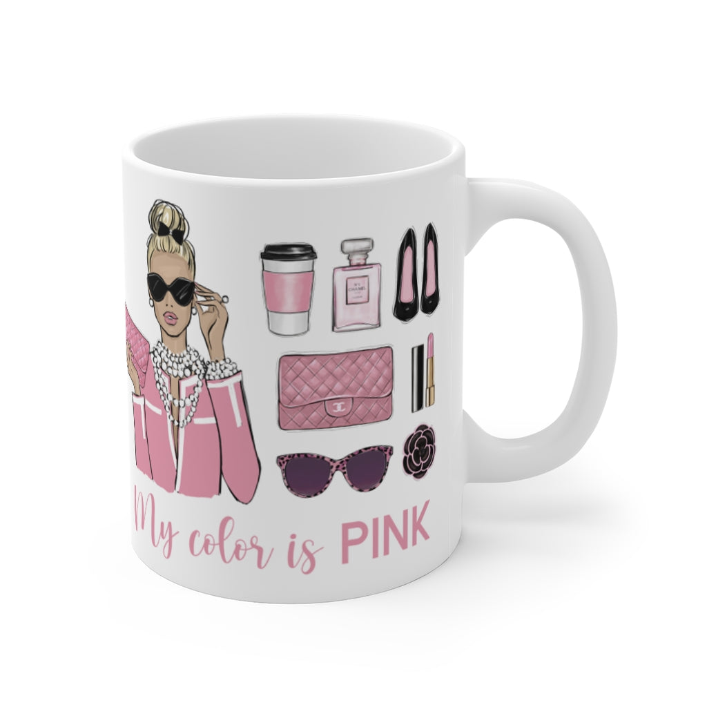 My color is Pink ceramic Mug 11oz. Fashion illustration coffee mug.