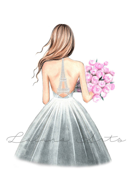 Eiffel Tower wedding dress art print fashion illustration. Girl with tulips