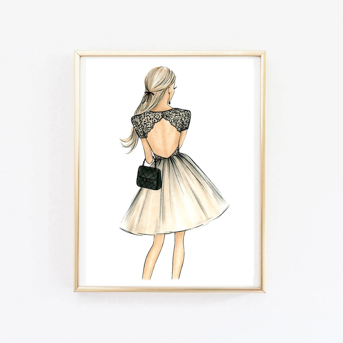 Open back dress outfit girly art print fashion illustration – Lalana Arts