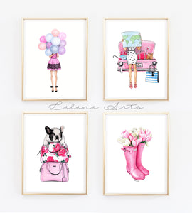SET OF 4 PRINTS in Pink tones fashion illustrations