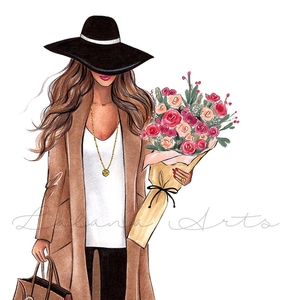 Girl with fall bouquet flowers fashion illustration art print on paper