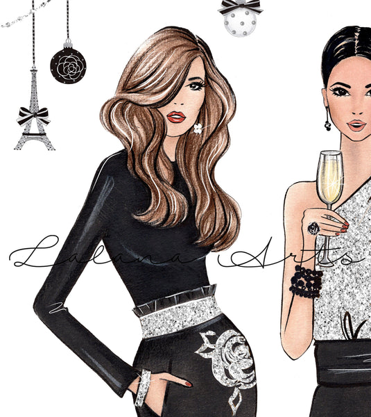 Christmas theme art print fashion illustration of 2 ladies in elegant outfits