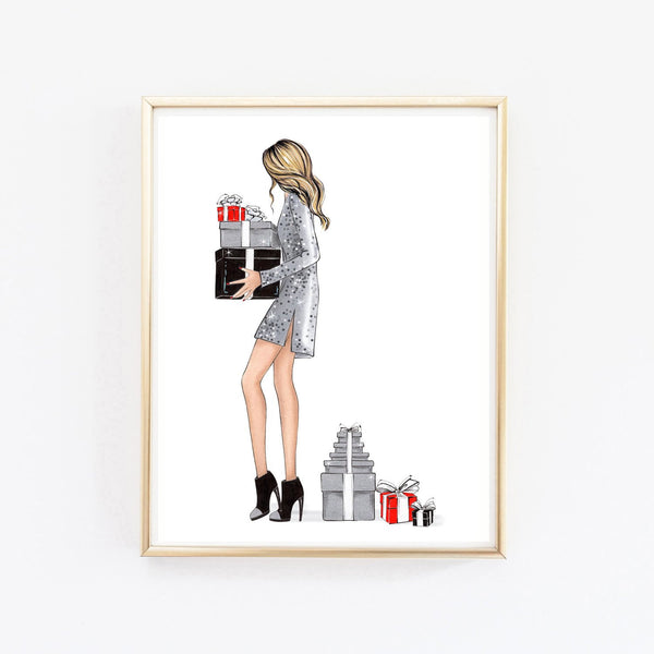 Girl with Christmas gifts art print fashion illustration