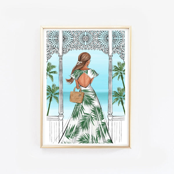 Summer vibes fashion illustration of a girl in tropical print dress in the terrace with sea viewtion