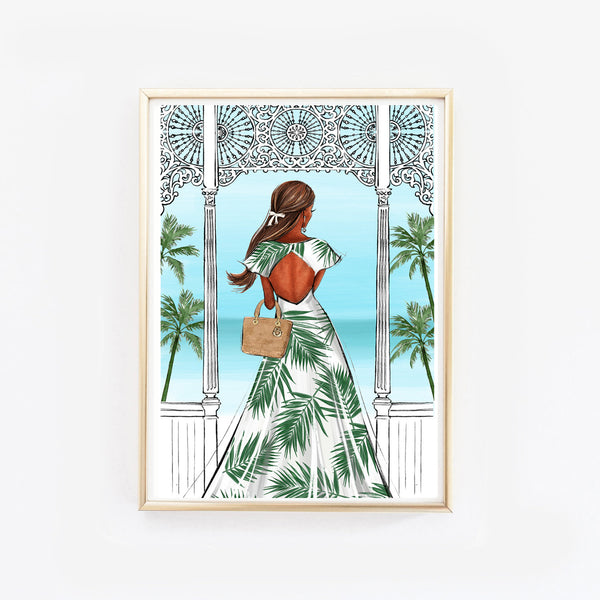 Summer vibes fashion illustration of a girl in tropical print dress in the terrace with sea viewtion