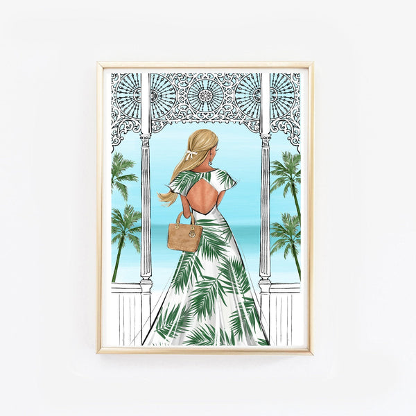 Summer vibes fashion illustration of a girl in tropical print dress in the terrace with sea viewtion