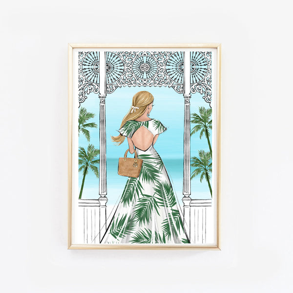 Summer vibes fashion illustration of a girl in tropical print dress in the terrace with sea viewtion