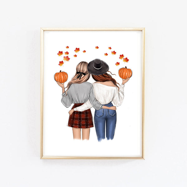 Fall fashion illustration art print of a girlfriends with pumpkins