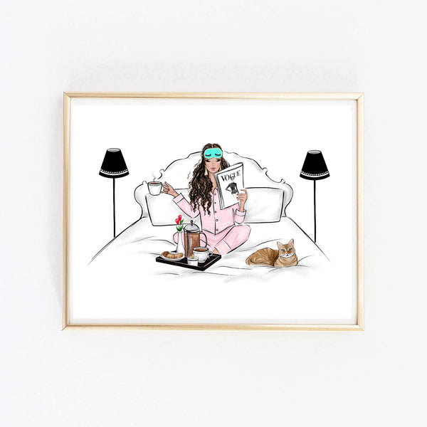 Breakfast in bed with my cat art print fashion illustration