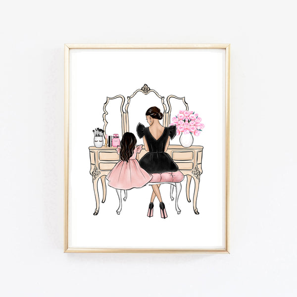 Mother and daughter vanity art print fashion illustration, Girly wall art, Mother's day gift, Princess bedroom wall art, Fashion sketch