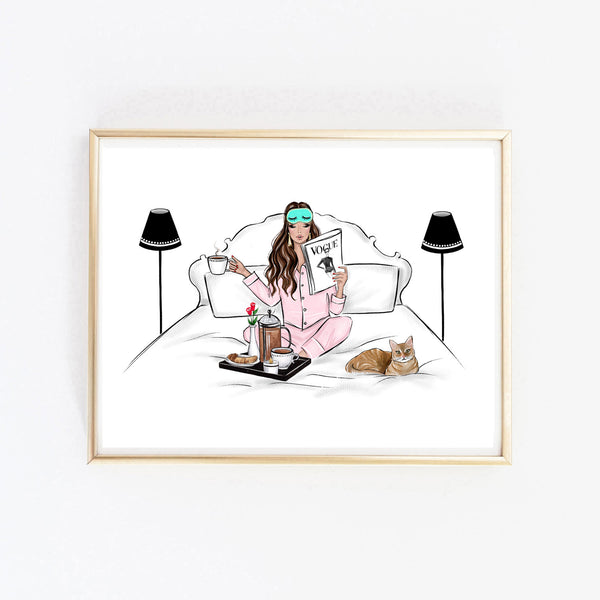 Breakfast in bed with my cat art print fashion illustration
