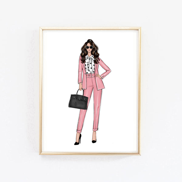 Girl boss in pink suit art print fashion illustration