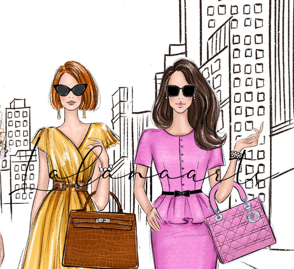 Girls in the New York city fashion illustration, best friends art print
