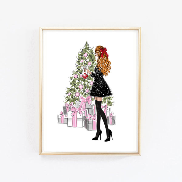 Christmas art fashion illustration of a girl decorating Christmas tree
