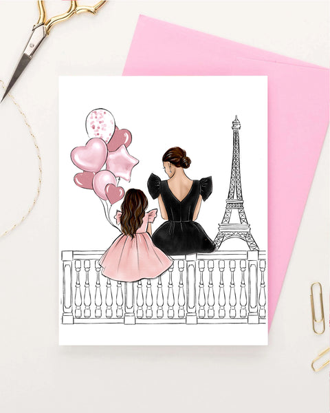 Mother and daughter in Paris greeting card fashion illustration